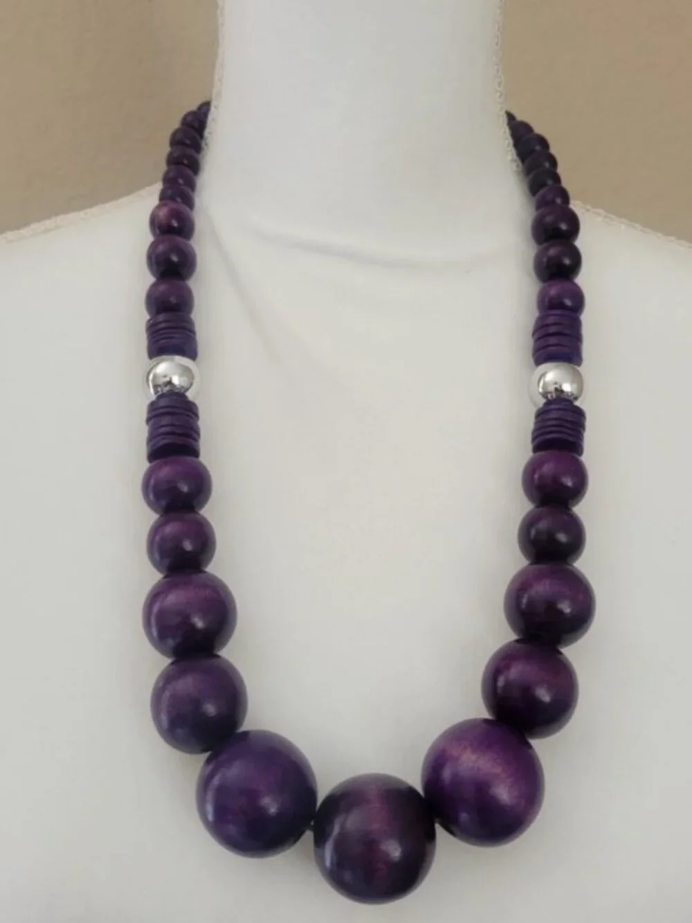 Vintage 1970s Purple and Silver Wooden Bead Necklace Hello Mrs Roper